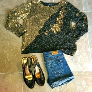 Vintage Top Sequins Beaded Silk Long Sleeve Cocktail Blouse